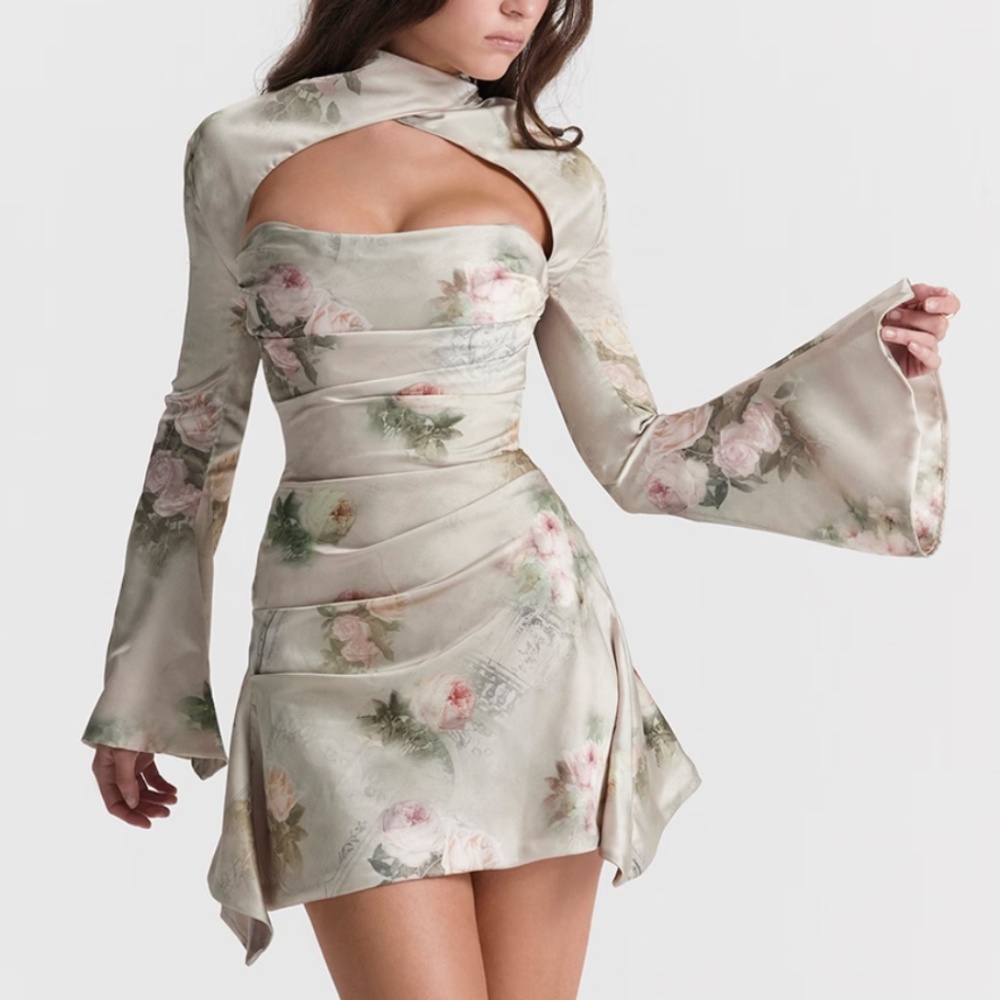 House of CB Toira Vintage Floral Long Sleeve Satin Corset Minidress